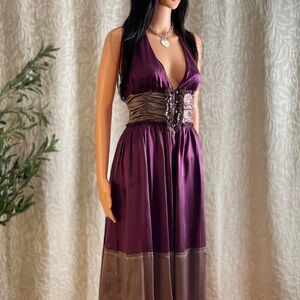 NWOT Vintage Y2K To The Max Purple Silk Corset Halter Dress Vampy Romantic Sz 8